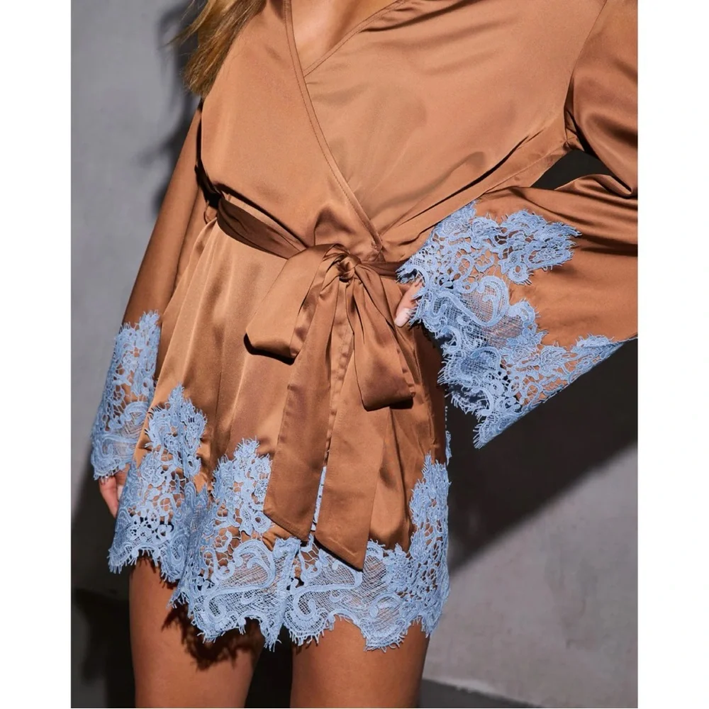 Rust Soft Ember Wrap Lace Mini Dress (S, L) - Picture 7 of 11